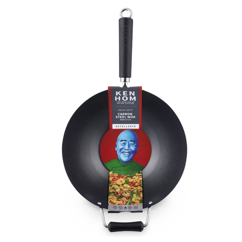 Ken Hom 12" Carbon Steel Nonstick Stir Fry Wok - Soft Touch Helper Handle and Lightweight Flat Bottom Design - Image 4